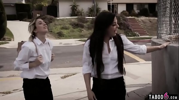 Trespassing schoolgirl teens fuck with a homeless guy