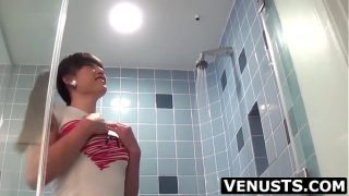 Hot Asian pigtails shemale Venus Luxx jerking off her big cock in solo shower masturbation.