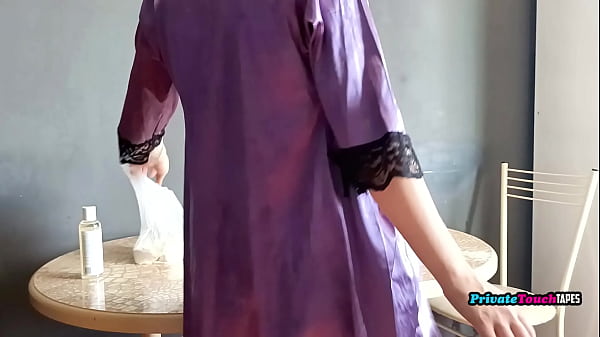 Fucking in the kitchen while Russian Stepsister cooking in dress sexy robe